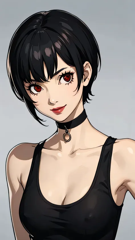 1 girl, red eyes, very Short hair, black choker, lipstick, portrait, smile, black hair, small breast, tank top 