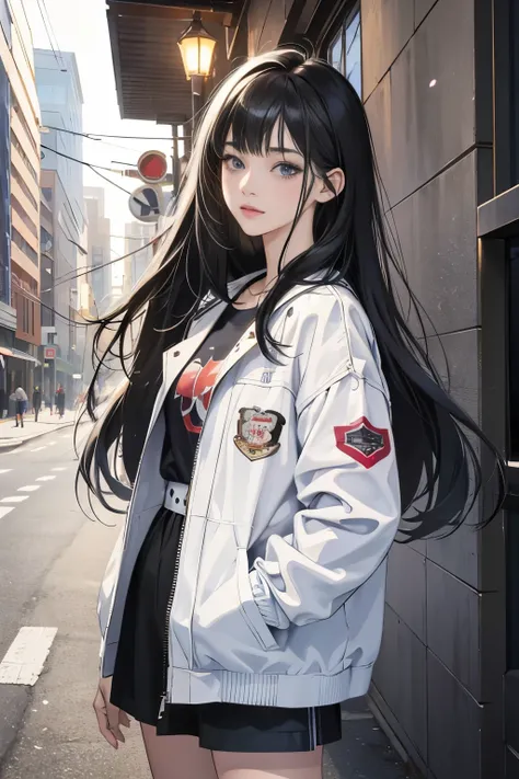 Very colorful, Pop feel, Summer image, Elderly woman with long black hair, Around 25 years old, Wearing a white jacket, Perfect tall model figure, Cool Beauty, It will happen, love at first sight, First Love, Anime drawing by Yang J, Art Station Trends, re...