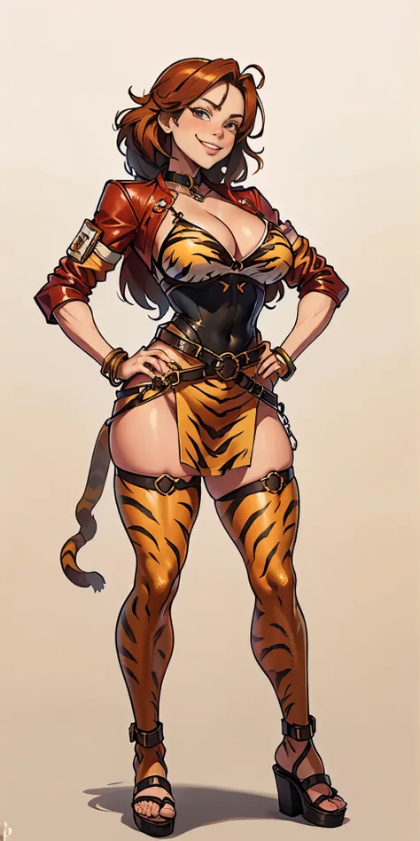 ((Masterpiece, plain background,1:2, masterpiece)) full body standing with separate yellow tiger print stockings thighs and sleeves, yellow tiger bikini print, hands on waist, navel, lustful smirking smiling, smile face (red blushed, red cheeks) armbands, ...