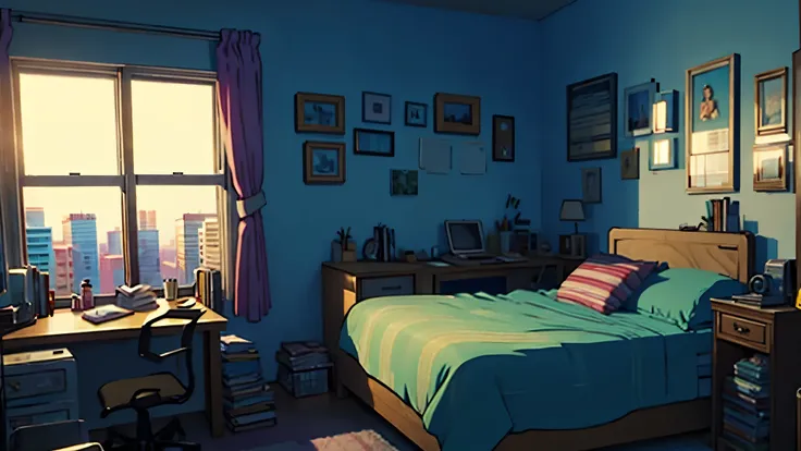 3d animation cinematic still of a cozy room, big windows with city view at night, melancholic, sad vibes, bed is unmade, compute...