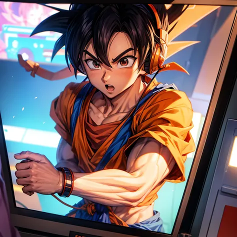 Goku playing game wearing headphones and seeing screen Anime 