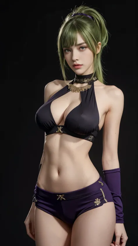 8K, Top Quality, Intricate Details, Ultra Detail, Ultra High Resolution, Masterpiece, close up shot, (full body: 1.1), Slender, Smile, (Makeup: 0.4), (Fluffy purple Eyes: 1.21), ((purple eyes)), 1girl, solo, 1 girl, ((green hair, bangs, long hair, high pon...