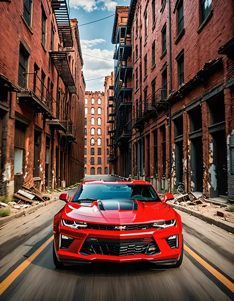 masterpiece, best quality, highres, 1car, red 2023 Chevrolet Camaro, day, city ruins, ground vehicle, motor vehicle, no humans, outdoors, road, matching tires, vehicle focus