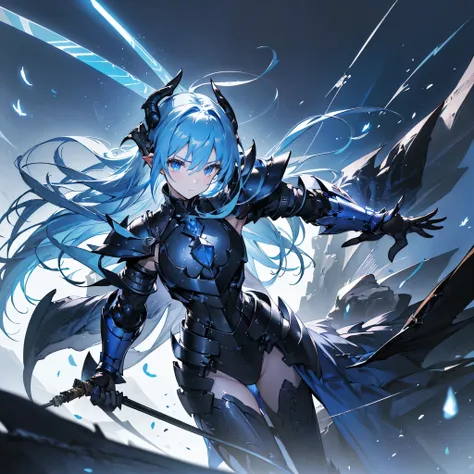 ((high resolution　blue hair　long髪　black armor　dragon knight　thunder　lonely　despair))　((night　western style　chest　shining aura　gl...