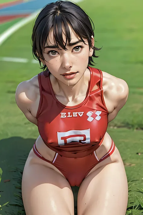 ((highest quality)), (be familiar with), (masterpiece:1.3), (Realistic, RAW Photos, highest quality:1.4), (Thin and beautiful fingers), Black Hair, Very Short Hair, smile, (Large Breasts:1.2), Track and field athlete, (Track and field uniforms)、(Sweat), co...