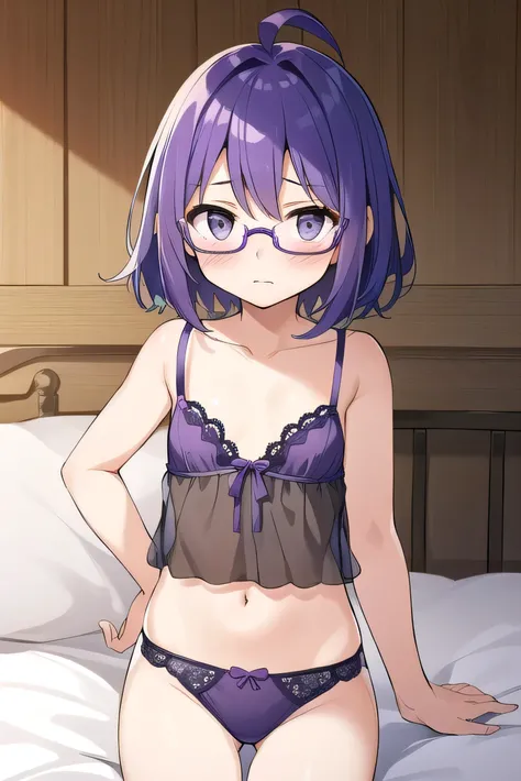 (Purple hair:1.4), gray eyes, 11 years old, short, short long hair, kind expression, shy, almost no breasts, slightly exposed. hair,(flipped hair ), flipped hair, ahoge, girl alone, flipped hair, flipped hair, flipped hair, flipped hair, glasses with no ed...