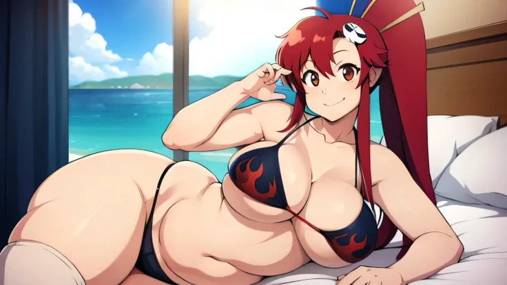 Artist: Tritinity-Fate, Yoko Littner, big breasts, big belly, red hair, bbw, looking at viewer, bedroom, bikini