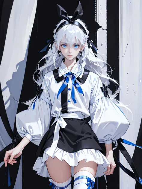 masterpiece, ultra detailed, 8k portrait, RAW photo, portrait photography, highly detailed face, beautiful and meticulous eyes, (black long hair:1.5), blue eyes, (white hair band and ribbon:1.5), white center line blue military one-piece uniform, mini skir...