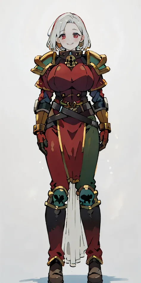 (masterpiece, best quality, 4k, 1girlsolo, 1MILF, mmplatz, smile, red cheeks, plain background:1.2), perfect face, perfect lighting, mature whsororitas with gloves red gauntlets in her hands like Cammy White from Street Fighter, bob white hair, warhammer 4...