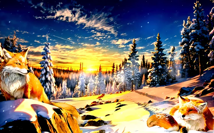 Snowy mountain scenery illuminated by the morning glow,Countless rocks covered in snow,Below the cliffs is a snowy white coniferous forest that stretches to the horizon.,Snowy white coniferous forest,The sun begins to rise over the horizon,Snow scenery shi...