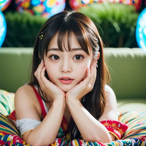 Best-quality, Masterpiece, Ultra-High-Resolution, (Photorealistic:1.4), Raw-Photo, 128K, depth of field, professional lighting, perfect anatomy, extremely details, 1girl, 15-years-old, the most famous Japanese idol, at living room, hands on cheeks, relaxin...