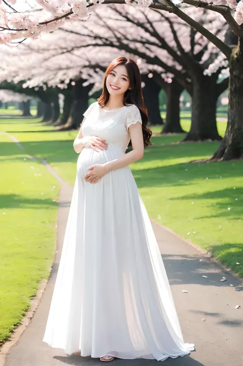 (highest quality、masterpiece、8k、Best image quality、Award-winning works)、1 female、A walk in the park、(pregnancy:1.1)、(alone:1.1)、(1 photo:1.1)、Elegant white maternity wear、See-through maternity wear、Lace ornament、Perfect Makeup、thin、The biggest smile is loo...