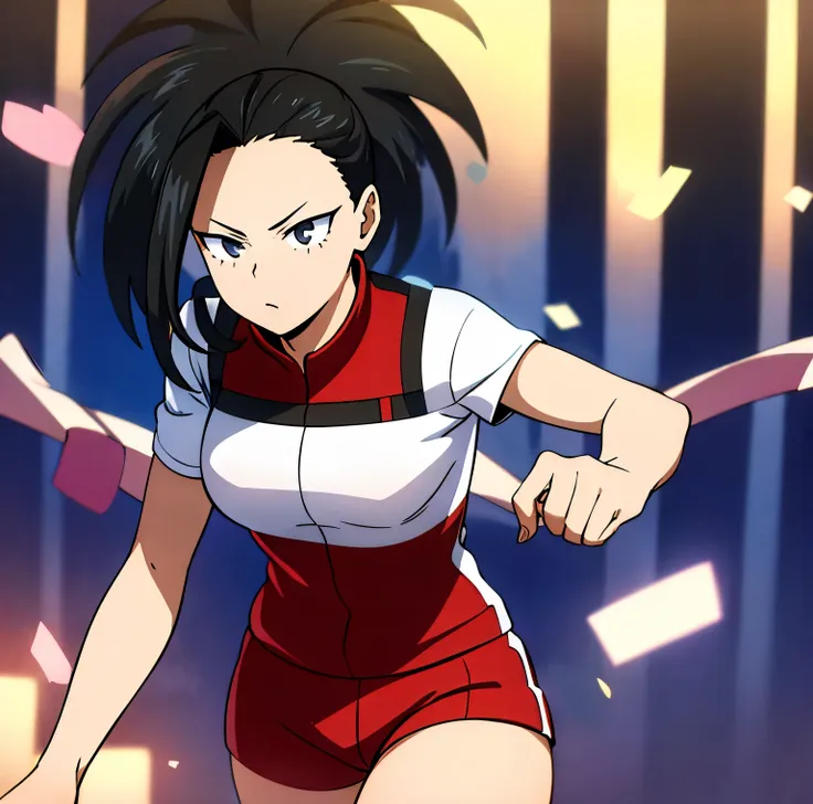 1girl, alone ,yaoyorozu momo, (momo yaoyorozu:1.2), long hair, bangs, black hair, ponytail, (black eyes:1.5), high ponytail, wid...