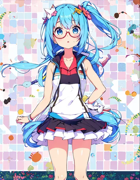 girl blue  hair blue eyes Glasses nekomimi girl tennis suit