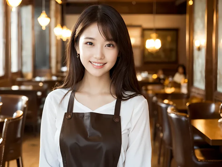 (highest quality、Tabletop、8k、Best image quality、Award-winning works)、Woman working in a café、(The perfect brown apron:1.2)、(Standing elegantly in a cafe:1.1)、(A classy shirt and apron:1.1)、(Big Breasts:1.1)、(Accentuate your body lines:1.1)、Beautiful woman ...