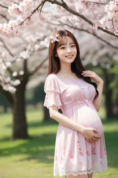 (highest quality、masterpiece、8k、Best image quality、Award-winning works)、1 female、A walk in the park、(pregnancy:1.1)、(alone:1.1)、(1 photo:1.1)、Elegant maternity wear、See-through maternity wear、Lace ornament、Perfect Makeup、thin、The biggest smile is looking a...