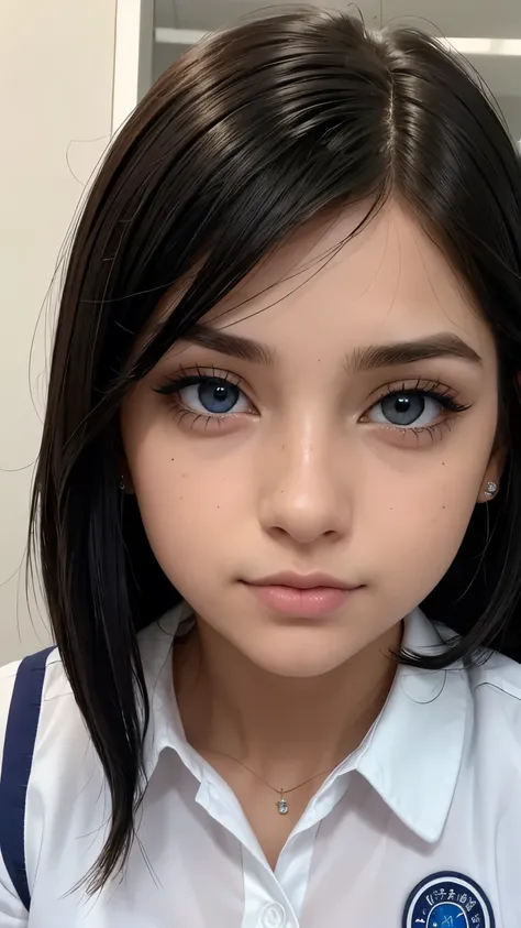 Realista, 1 chica, cabello negro con flequillo, piel blanca, pecas en el rostro, amber eyes, ojos amarillos, cabello largo, pale complexion, uniforme escolar azul, colegiala 