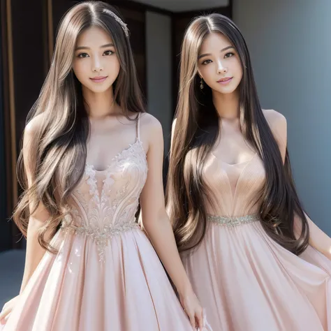 (Photo of twins who look alike, even down to their fingernails　Two people standing side by side facing forward, smiling at the viewer)　(They dressed in beautiful gowns., Fantasy Dress, Magical Dress, soft elegant gown, gown, Elegant and refined, Wearing an...