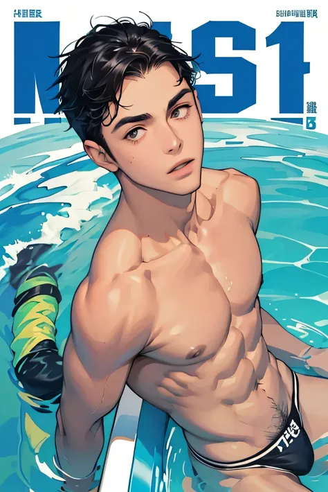 Handsome　Black hair cut　1 swimmer　Magazine Cover　Magazine Cover　Upper body naked　Looking up from the feet　　Swimming magazine cover　Looking up from the feet, very small and tight briefs for men, cerulean blue speedo swimwear　 Bulge　Looking up from the feet