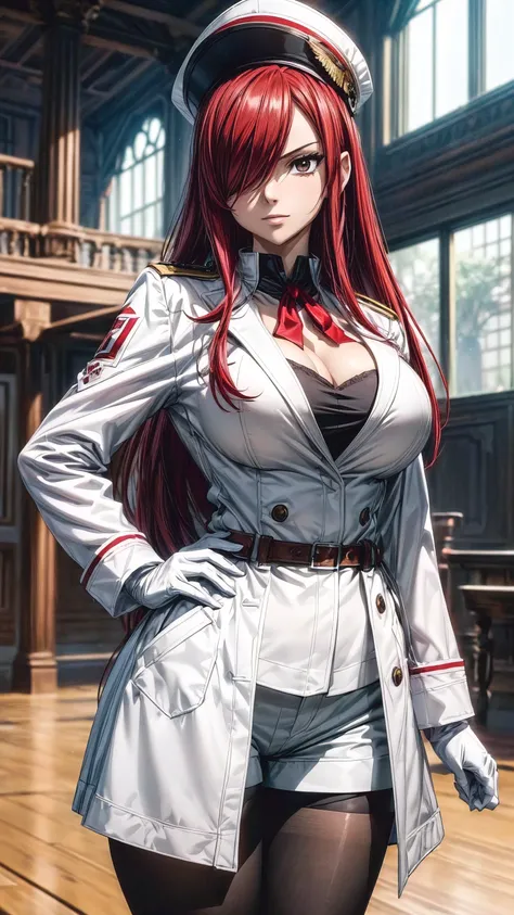 masterpiece, best quality, highres, erza scarlet, red hair, long hair, ponytail, white ribbon, hair over one eye, collarbone, ((...