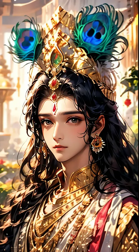 (masterpiece, best quality:1.2), lord krishna, alone，anime style，black hair, peacock feathers, pink lips and light flower earrin...