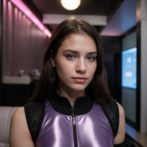 photo of a college student，16 years old, in Purple Pink, futuristic space suit, (freckles:0.8) cute face, sci-fi, dystopian, detailed eyes, cobalt blue eyes（（Side view））Disco bar