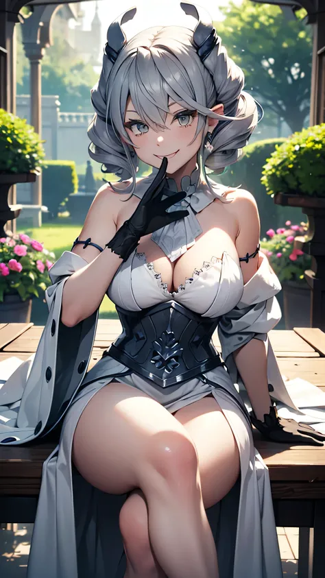 table top　High level image quality　best image quality　8K　 adult woman　whole body　portrait　pure white long gloves（elbow gloves）　garden　white long dress（slit）　white wolf ears　short hair（（shortcut）（gray hair）（perm）（fluffy））　eye color is blue　attractive evil f...