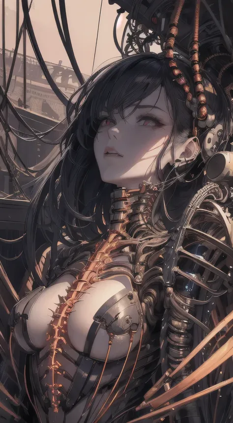 (((masterpiece))), ((highest quality)), (Super Detail), (CG illustration), (So evil and beautiful)), Cinematic Light, ((1. Mechanical Girl)), single, (Mechanical Arts: 1.4), ((Mechanical Limbs)), (Blood vessel attached to a tube), ((Mechanical spine attach...