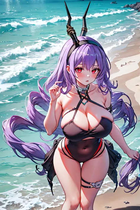 typhon| arknights, Masterpiece, best quality, 1 girl,25 years old , Huge, enormous breasts, very long hair, hairband, purple hair, red eyes, proportion body, proportion, show your , Water set, This micro bikini,micro mini bikini, Lying on the beach with al...