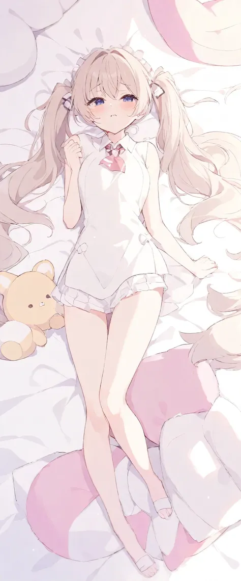 twin tails,medium hair,on the bed,((lie on one’s back)),(embarrassing),full body,(overhead shot),pillow,lots of stuffed animals,