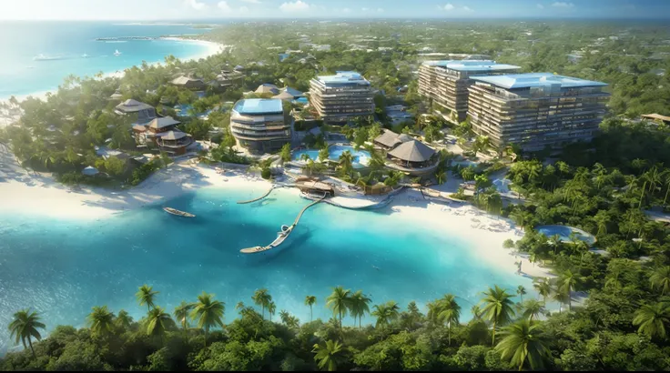 there is a 3 storey holiday resort on a small island in the middle of the ocean, resort, 3 storey, tropical design, amazing view, by Kurt Roesch, by Ahmed Karahisari, true realistic image, by Robert Koehler, mantra rendering, gulf, aruba, artists impressio...