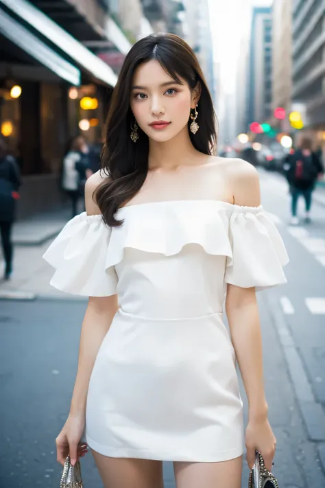 off-white off-shoulder long knit mini dress, 30-year-old mature woman, street corner, blurred background, pinup