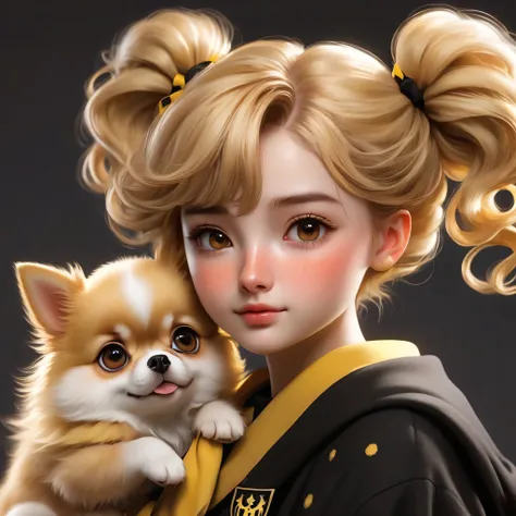 best quality, masterpiece, hogwarts students, hufflepuff, short hair with high twin tails., short hair with golden blonde twin t...