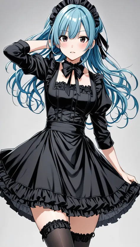 in style of Takeshi Obata,character concept design,half body,girl,black gothic maid dress (idolmaster),lightbluecoral hair,holding_hair,,Looking at feet anxiously，(blush,Don&#39;t look at the audience：1.8)，