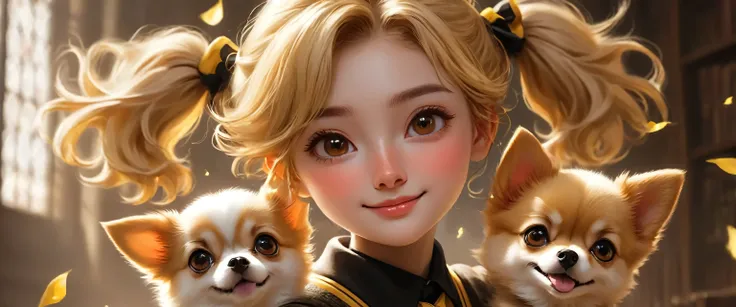 best quality, realistic, sharp, Masterpiece, Hogwarts students, Hufflepuff, Short hair with high twin tails., Short hair with golden blonde twin tails., serious, smile, Very naughty, cute and bright, freckles on face, freckles, along with her adorable Pome...