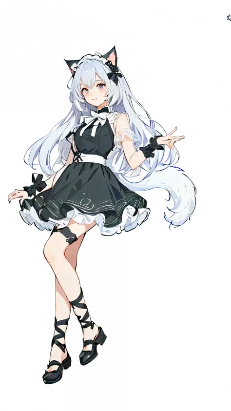 Wearing a black dress、Anime girl with a cat tail and a bow, Anime girl wearing black dress, Wear clothes, Cute anime girl in a beautiful skirt, Suitable for whole body, Anime cat girl in maid costume, White fox, Total commission, Anime full body illustrat...
