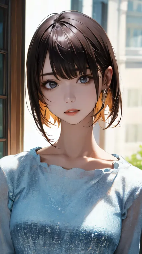 (hig彼st quality、8k、32k、masterpiece)、(Realistic)、(Realistic:1.2)、(High resolution)、Very detailed、Very beautiful face and eyes、1 girl、Delicate body、short hair, (hig彼st quality、Attention to detail、Rich skin detail)、(hig彼st quality、8k、Oil paint:1.2)、Very detai...