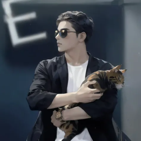 araffe man in sunglasses holding a cat in his arms, holding a cat, Xiaorong, no lye, John Jude Palenca, pet, Liu Zhixiong, Wong Kar Wai style, Liu Zhanhao, there is nothing, Inspired by David Diao, Inspired by Eugene Leroy, Peter Chen, Awards, a cat