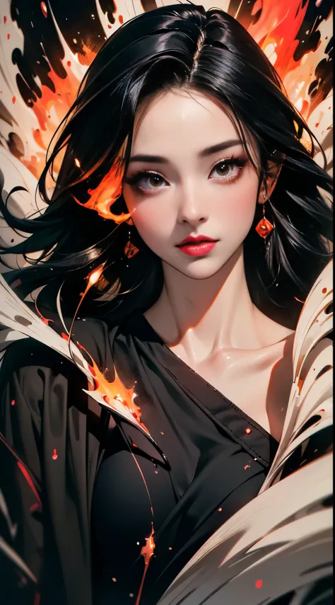 masterpiece, best quality, ultra high res, beautiful, elegant, graceful, award-winning art, 1girl , portrait,  (style of Yuko Shimizu:1.1), (abstract art:1.2), red lips, silent in chaoodel pose in fashion show, style of rebecca guay, black hair, red fire ,...