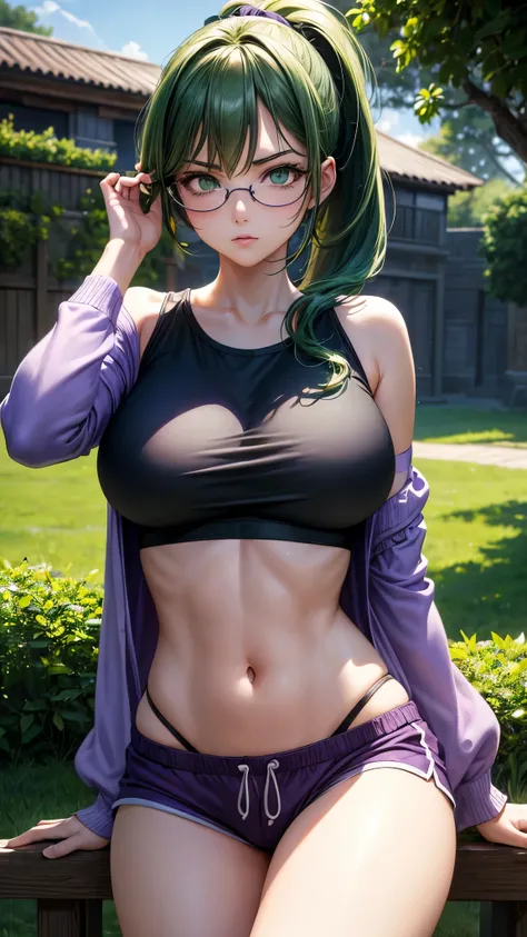 (Masterpiece), animated, best quality, good anatomy, A girl, large breasts, realistic face, gloomy face, dark green hair, one eye, dark green eyes, wearing circular glasses, hair in a ponytail, dark purple shorts, purple top, navel, with sleeves, white sne...