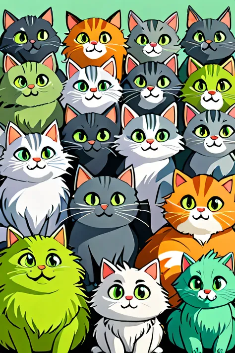 lots of fluffy cute cats in shades of green and grey colors in pixar style