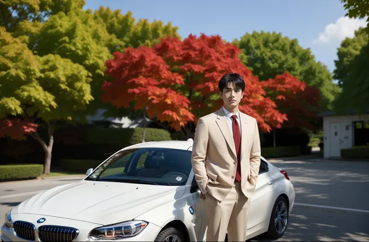 Young handsome man in suit standing up、Standing under the red maple tree、Red and big maple leaves、delicate leaves、branch details)、(A white BMW car next to the man、Man&#39;s hands on car roof)shadow、Octane Rendering、8K、Super sharp、realistic light、(There is ...