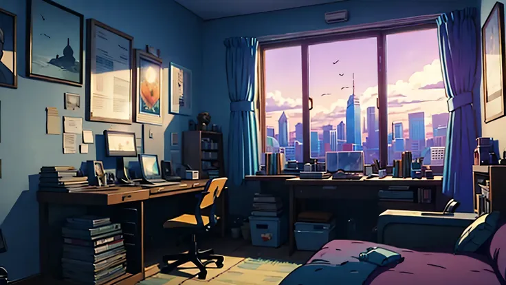 3d animation cinematic still of a cozy room, big windows with city view at night, crested moon, melancholic, sad vibes, bed is unmade, computer desk, cluttered with the mismatched furniture, The otaku style posters on the walls and the guitar in the corner...