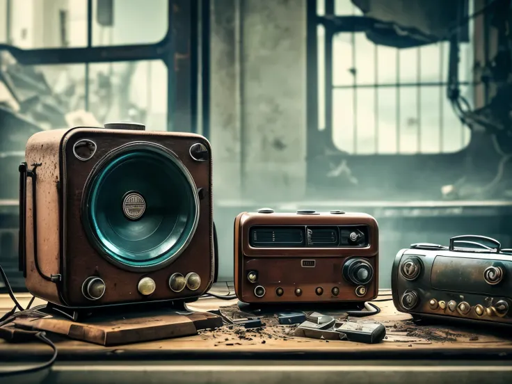 Single、individual、Just one、Rusted1Home appliances、放棄されたTube Radio、Tube Radio、High resolution、high quality、Precision machinery、4K、mechanical、、ruins、placed on a chair、Perished、after destruction、Broken small machine、Small、Portable Devices、Disassembled、