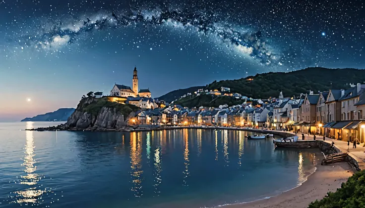 ((masterpiece)), ((highest quality)), ((Attention to detail)) landscape, Seaside town, panoramic, Starry Sky, Calm sea,