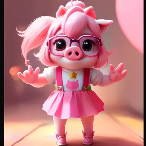 Close up of a cartoon pig wearing pink and white glasses, Cute, colorful and adorable, super cute and friendly, anthropomorphic warrior piggy, Beautiful animal pearl queen, Pig pig pig, Wearing a white suspender skirt, piggy, Pink Iconic Character, Cute ca...