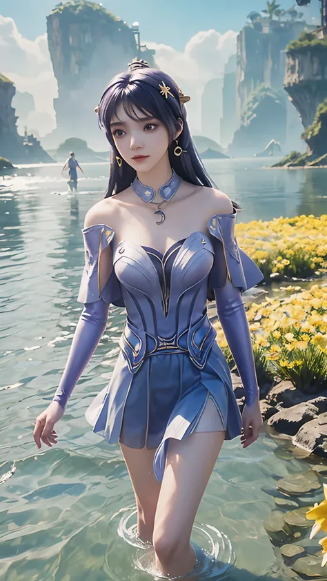 arapei in a skirt standing in the water, anime girl walking on water, closeup fantasy with water magic, azure lane style, popula...