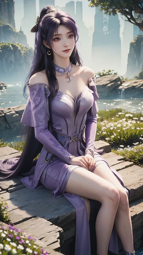 ultra hd, 8k picture quality, a girl, happy, very long hair, purple fuzzy dress, delicate eyes, sitting, unreal engine 5,water e...