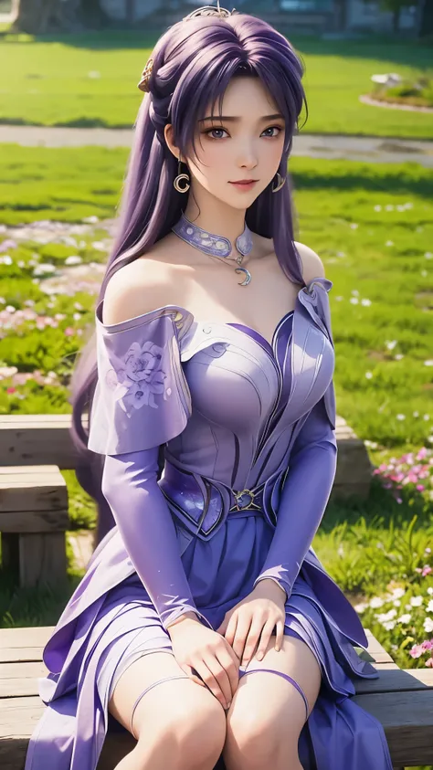 a close up of a woman in a purple dress sitting on a bench, Beautiful and charming anime woman, anime goddess, Cute anime girl in a beautiful skirt, ((beautiful fantasy queen)), Purple-haired deity, Beautiful anime woman, White blue purple dress!! Blue-vio...