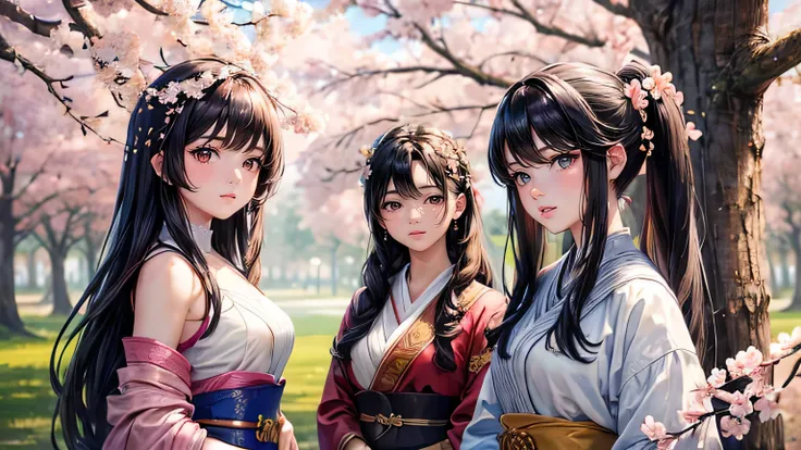 (oil, masterpiece, highest quality, Super detailed, Focus on the characters), One female,Beautiful black hair,,Cherry blossom trees,Detailed hair depiction,([return:0.8]|[ face facing returnwards:1.1]), ,([Cherry blossom treesシナリオ:1.2]|[ ground:1.3]| [High...